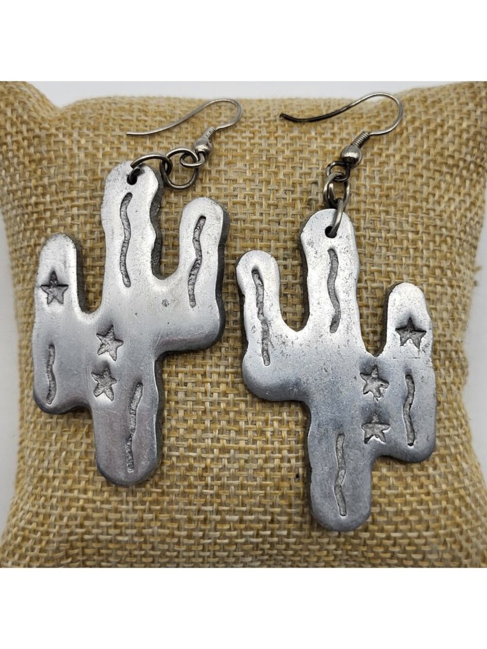 Vintage Cactus Earrings Dangle Aluminum Etched Western Festival Statement Rodeo